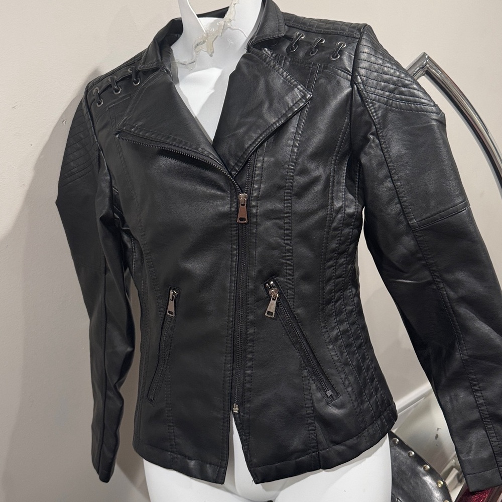 Edgy Vegan Leather Moto Jacket with Zipper Laces Details